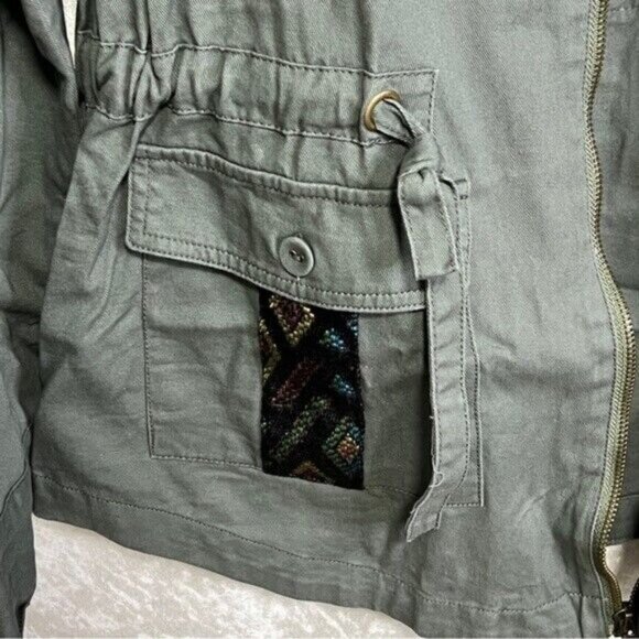 MODCLOTH Y2K Cargo Jacket Womens M Green Denim Tapestry Trim Academia Grunge - Picture 7 of 11